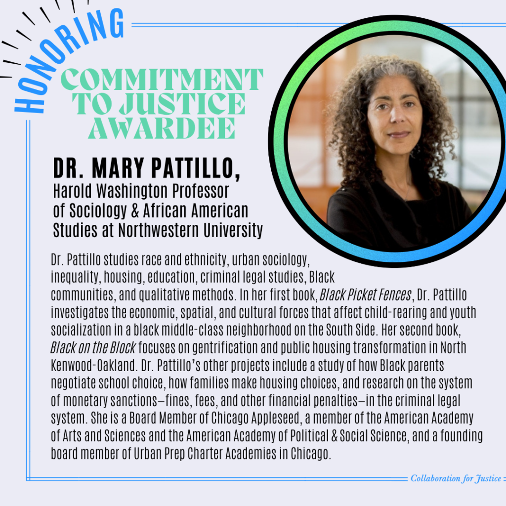 Dr. Mary Pattillo is the Harold Washington Professor of Sociology & Chair of the Department of African American Studies at Northwestern University. Her areas of interest include race and ethnicity, urban sociology, inequality, housing, education, criminal legal studies, Black communities, and qualitative methods. The city of Chicago offers an abundance of opportunities for research and activism and Pattillo strives to be an expert in Chicago history, politics, and social life. In her first book, Black Picket Fences (University of Chicago Press, 1999), Dr. Pattillo investigates the economic, spatial, and cultural forces that affect child-rearing and youth socialization in a black middle-class neighborhood on Chicago's South Side. In her second book, Black on the Block (University of Chicago Press, 2007) focused on gentrification and public housing transformation in North Kenwood - Oakland on Chicago's South Side. The book develops the concept of "middlemen" and "middlewomen," the roles that black professionals play in working alternatively to mediate or exacerbate racial and class inequality. Dr. Pattillo’s other projects in Chicago and Illinois include a study of how Black parents negotiate school choice and how families make housing choices, and research on the system of monetary sanctions—fines, fees, and other financial penalties—in the criminal legal system. She is a Board Member of Chicago Appleseed Center for Fair Courts, a member of the American Academy of Arts and Sciences and the American Academy of Political & Social Science, and a founding board member of Urban Prep Charter Academies in Chicago.